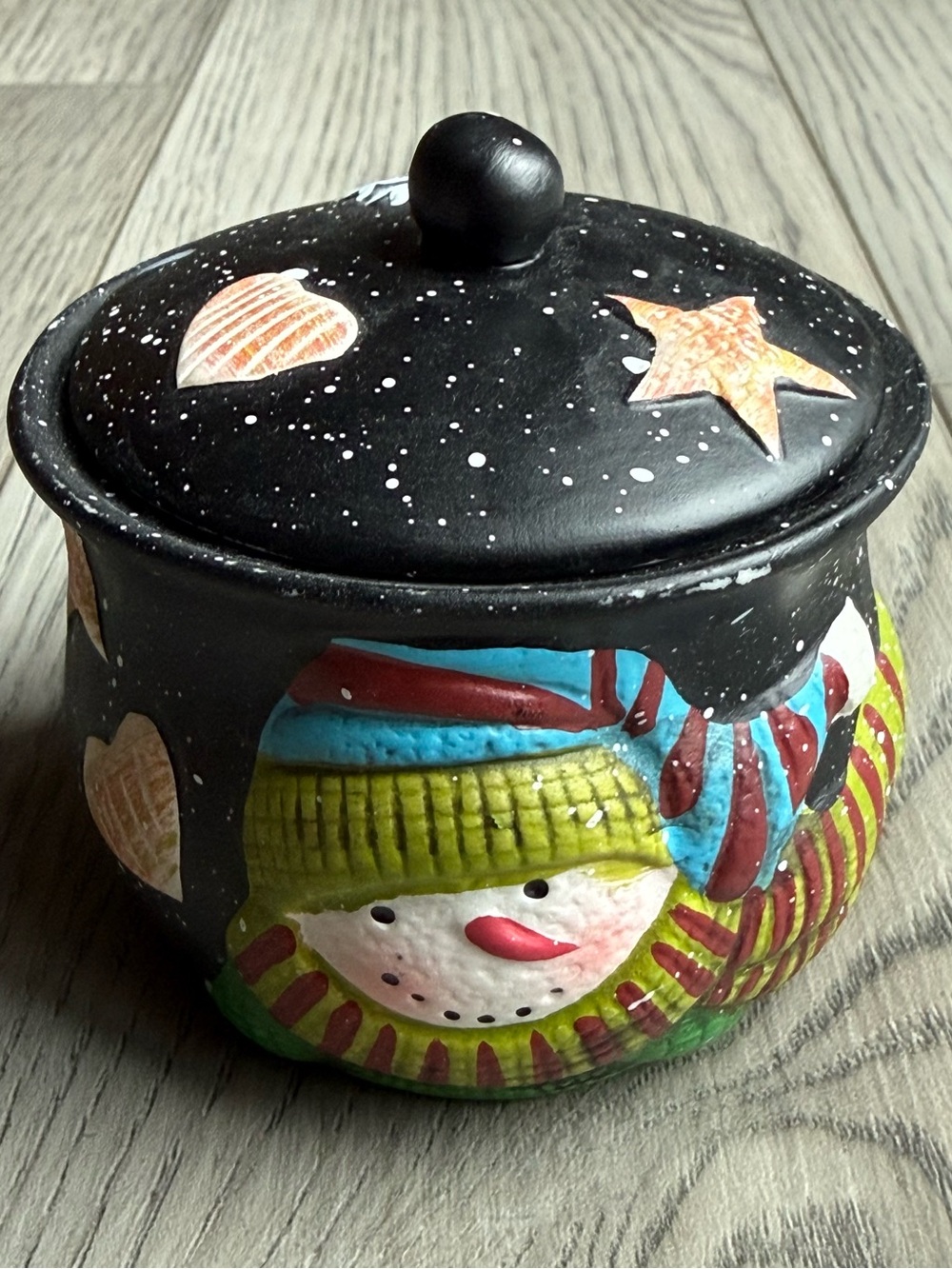 Vintage Susan Winget Snowman Ceramic Crock Candle